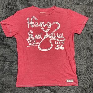 True Religion Hang 'Em Low Graphic T-Shirt Men's Medium Red Distressed USA Made